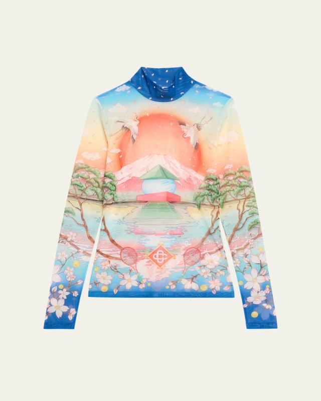 Mock-Neck Printed Mesh Long-Sleeve Top